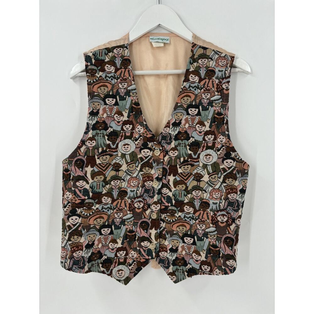 Willow Ridge Vintage Vest Womens Large Beige Multicolor People Print Embroidered